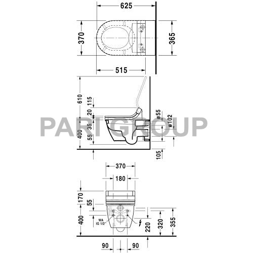 ������ DURAVIT DARLING NEW, ���������, �������� ���������� ��� ����������� SensoWash �� ������� ������� ����, ��������� Durafix, 625�360 ��, ���������� �����