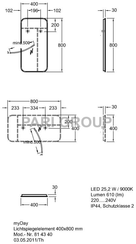 ������� � ���������� KERAMAG myDay, � �������� ���������������, ������������ ����� 30W/4000K (+/- 200 K), 3600lm, 230V, 50 Hz, IP44, ����� ������ 2, ������������� �������������, �����������, 400�800�30 ��, (824340000)