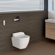 Унитаз-биде Geberit AquaClean Tuma Comfort, подвесной, безободковый, пульт дистанционного управления, технология омывания WhirlSpray, дамский душ, фен, подогрев сиденья унитаза, система удаления запахов, Soft Close, 55,3х35х44.6 см, белый, матовая сталь