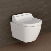 Унитаз-биде Geberit AquaClean Tuma Comfort, подвесной, безободковый, пульт дистанционного управления, технология омывания WhirlSpray, дамский душ, фен, подогрев сиденья унитаза, система удаления запахов, Soft Close, 55,3х35х44.6 см, белый, стекло белое