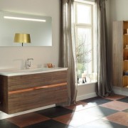 Тумба с раковиной BurgBad Orell, 2 выдвижных ящика: верхний с вырезом под сифон и разделителями, раковина из минерального литья, без отверстия под смеситель, чаша 550х310 мм, Weib Brilliant, 930х640х420 мм, ручка медь, меламин, Marone Dekor Truffel