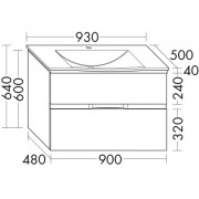 Тумба с раковиной BurgBad Orell, 2 выдвижных ящика: верхний с вырезом под сифон и разделителями, раковина из минерального литья, без отверстия под смеситель, чаша 550х310 мм, Weib Brilliant, 930х640х420 мм, ручка медь, меламин, Marone Dekor Truffel