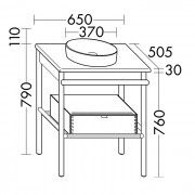Тумба с керамическим умывальником Burgbad Mya, керамическая столешница с 1 отверстием под смеситель, 1 полка, 1 ящик с отделкой из черной кожи и массива дуба, 650х505х900 мм, цвет керамики - черный матовый, массив дуба цвет черный
