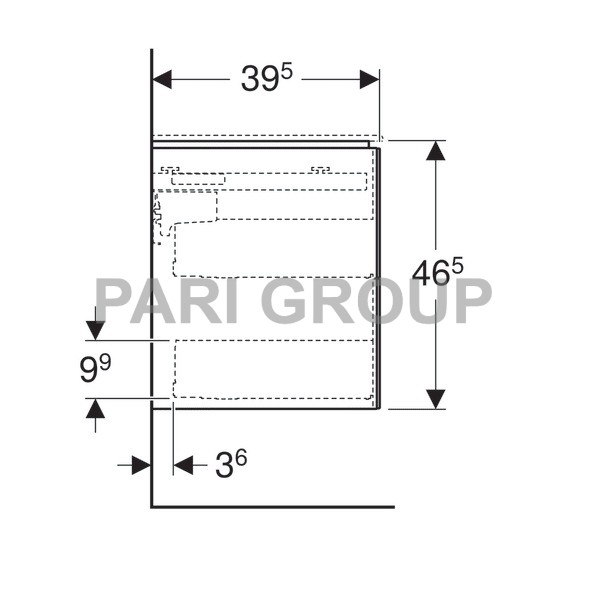 ������� ��� �������� Geberit ONE, � ����� ���������� �������: ������ 104.5��, ������ 46.5��, ������� 39.5��, ��� ����� ���������