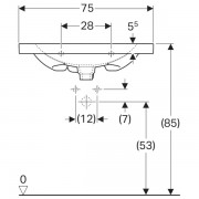 Раковина Geberit Acanto, с укороченным вылетом, полка: ширина 75см, глубина 42.2см, отверстие под смеситель расположено по центру, перелив на виду, белый