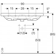 Раковина Geberit Acanto, с укороченным вылетом, полка, простое крепление: ширина 90см, глубина 42.2см, без отверстия под смеситель, перелив на виду, белый