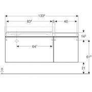Шкафчик для раковины Geberit Citterio, с двумя выдвижными ящиками и полкой справа: ширина 133.4см, корпус - меламин светлый дуб, фасад - глянцевое стекло бежевое