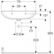 Раковина Geberit Renova, ширина 70см, глубина 53см, отверстие под смеситель расположено по центру, перелив на виду, белый
