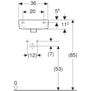 Раковина Geberit Renova с укороченным вылетом, ширина 36см, высота 14.8см, глубина 25см, отверстие под смеситель справа, перелив на виду, белый