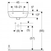 Раковина Geberit Renova, ширина 45см, высота 17.3см, глубина 36см, отверстие под смеситель расположено по центру, перелив на виду, белый