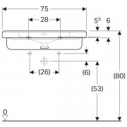 Раковина Geberit Renova Comfort Square, безбарьерная: ширина 75см, глубина 55см, отверстие под смеситель расположено по центру, перелив на виду, белый