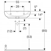 Раковина Geberit Renova Comfort, безбарьерная: ширина 55см, глубина 55см, отверстие под смеситель по центру, без перелива, белый